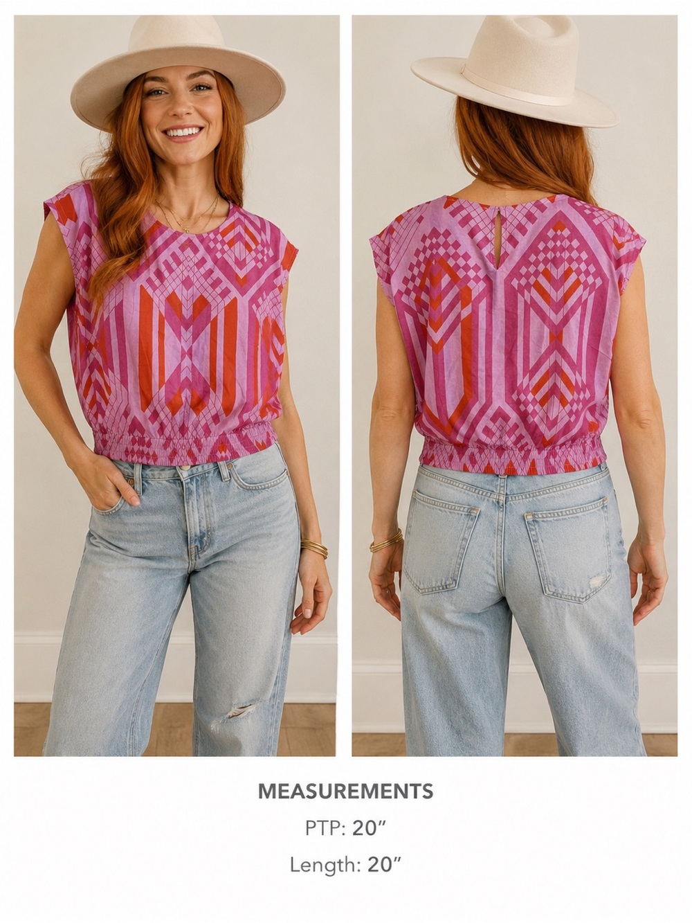 Sheridan French Boho Geometric Cap-Sleeve Blouse - Pink & Red